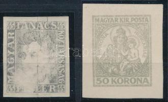 1919-1921 Tanácsköztársasági Arcképek 45K fogazatlan próbanyomat (?) (kopott, törött / worn, folded) + Koronás Madonna 50K próbanyomat (?) kartonpapíron