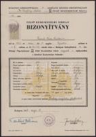 1943 Bp., Báró Wesselényi Miklós Felső Kereskedelmi Iskola bizonyítványa, 50f okmánybélyeggel, jó állapotban
