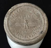 Farkas Ignác gyógyszertára Mátyás királyhoz Kecskeméten. Porcelán orvosságos tégely, fém kupakkal m:...