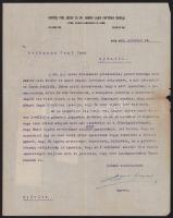 1920 Győr, kispéczi Perl József (1850-1927) ügyvéd saját kezűleg aláírt, gépelt levele Gelbmann Jenő részére, fejléces levélpapíron, a hátoldalon 1K + 4x14f okmánybélyeggel, kis lapszéli sérülésekkel