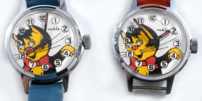 2 db macskás Ruhla kézi felhúzós gyermek karóra, a macska szeme mozog működik, szép számlap d: 25 mm