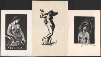 Josef Hodek (1888-1973): 3 db erotikus ex libris és kisgrafika. Klf. technikák, papír, egyik jelzett, klf. méretekben. Kettő hátoldalán paszpartuzás nyomaival.