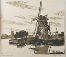 Csurgói Máté Lajos (1931-2001): Szélmalmok. Rézkarc, papír, jelzett, számozott: 2/VII. Paszpartuban. Lapszéli folttal. 24,5x29 cm