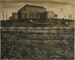 Valkó László (1946-): Siklós. Rézkarc, papír, jelzett, 29×36 cm. Lapszéli ázásnyommal.