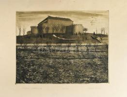 Valkó László (1946-): Siklós. Rézkarc, papír, jelzett, 29×36 cm. Lapszéli ázásnyommal