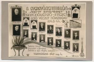 1944 Gyergyószentmiklós, Gheorgheni; A Szent Erzsébet Tanítónőképző Intézet első végzett növendékei 1943-44, tablója, ragasztott fotó / school graduates, tableau. glued photo (ragasztónyomok / glue marks)