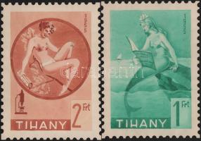 1955 Tihany 2 db nagy méretű, bélyegterv. Humoros feliratokkal. Akvarell, papír, Fogazott . 18x22 cm