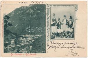 1901 Herkulesfürdő, Baile Herculane; látkép, erdélyi folklór. Emil Jäger kiadása / general view, Transylvanian folklore. Art Nouveau (EK)