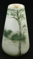 cca 1920 Jugendstil kétrétegű kisváza tájkép dekorral, hibátlan, m: 9,5 cm