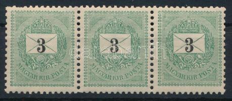 1898 3kr postatiszta hármascsík 12 : 11 3/4 fogazással, lefelé tolódott értékszámokkal!