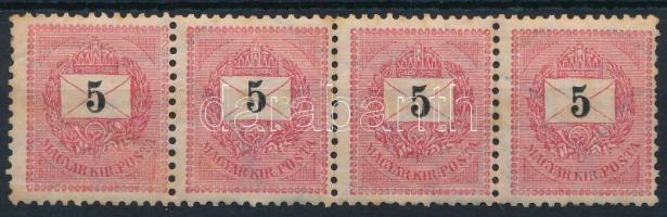 1898 5kr postatiszta négyescsík 12 : 11 3/4 fogazással (rozsda, ujjlenyomat, elvált fogak / stain, fingerprint, aparted perfs)