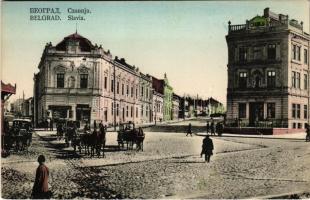 Beograd, Belgrade, Belgrád; Slavija / street view, shops, horse-drawn carriages (EB)