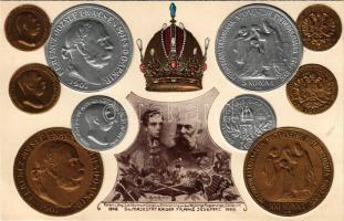 1848-1908 Sr. Majestät Kaiser Franz Joseph I. / Ferenc József 60 éves uralkodására készült emléklap arcképével ellátott érmékkel, korona / Franz Joseph's 60th anniversary of reign, coins with his portrait, crown, Emb. litho (lyuk / pinhole)  Ferenc József császár 1908-ban ünnepelte uralkodásának 60. évfordulóját, ebből az alkalomból bocsátották ki ezt az emlék képeslapot. A lap középpontjában az udvari fényképész, Charles Scolik által készített, fiatal és idősebb korú Ferenc József fotója látható a császári és királyi jelképekkel körülvéve, felette az osztrák császári korona helyezkedik el. Körülötte a császár arcképével ellátott érmék vannak, köztük az 1867-es koronázás 40. évfordulójára 1907-ben kibocsátott 5 és 100 koronással. A képeslap dombornyomott technikával és aranyozással készült.  //  Emperor Franz Joseph celebrated the 60th anniversary of his reign in 1908, and this commemorative postcard was issued to mark the occasion. The center of the postcard features a photograph of Franz Joseph, young and old, taken by the court photographer Charles Scolik, surrounded by the imperial and royal symbols, with the Austrian imperial crown above. Around it there are coins with the emperor's portrait, including the 5 and 100 Korona coins issued for the 40th anniversary of his coronation in 1907. The postcard was made using an embossed technique and gilded.