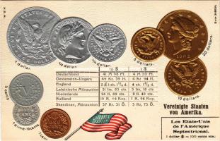 Vereinigte Staaten von Amerika / Set of coins, currency exchange chart and flag of the United States of America. H. S. M. Emb. litho (lyuk / pinhole)