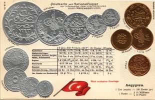 Aegypten - Postakrte mit Nationalflagge, Münzwesen / Egyiptom - Dombornyomott érmék és zászló / Egypt - Embossed coins and flag. H.S.M. (lyukak / pinholes)