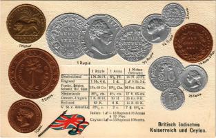 Britisch indisches Kaiserreich und Ceylon / British India and Ceylon (Sri Lanka) - set of coins, currency exchange chart and flag. Emb. litho (lyuk / pinhole)