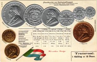Transvaal. Postkarte mit Nationalflagge zur Information über internationales Münzwesen / Transvaal pénzérmék és zászló. Dombornyomott arany és ezüst litho / South African Republic coins and flag. H.S.M. Art Nouveau, Embossed litho (lyukak / pinholes)