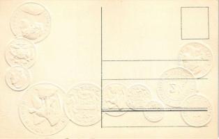 Chile. Münzenkarte und Nationalflagge / Chilean set of coins, currency exchange chart and flag. Emb....