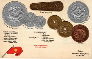 China. Provinzen Kwang-Tung und Hu-Peh / China - set of coins, currency exchange chart and flag. Emb. litho (lyukak / pinholes)
