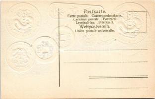 China. Provinzen Kwang-Tung und Hu-Peh / China - set of coins, currency exchange chart and flag. Emb...