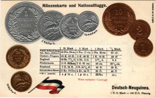 Deutsch-Neuguinea. Münzenkarte und Nationalflagge / German New Guinea - set of coins, currency exchange chart and flag. Emb. litho