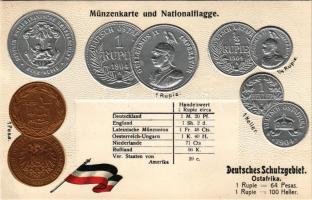 Deutsches Schutzgebiet, Ostafrika - Münzenkarte und Nationalflagge / Német Kelet-Afrika - Dombornyomott érmék és zászló / German East Africa - Embossed coins and flag (lyuk / pinhole)