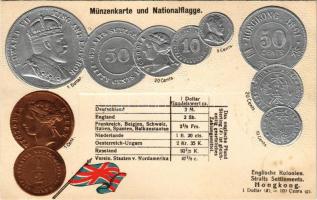 Englische Kolonien, Straits Settlements, Hongkong. Münzenkarte und Nationalflagge / British Colonies - set of coins, currency exchange chart and flag. Emb. litho (lyuk / pinhole)