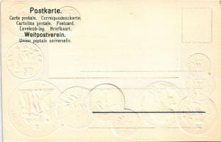 Frankreich / Francia / Set of coins, currency exchange chart and flag of France. H.S.M. Emb. litho (...