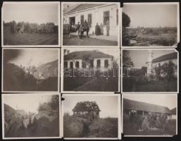 16 db I. világháborús fotó: katonák, lövészárok, romos épületek a fronton, stb., változó állapotban, 8,5x11 cm