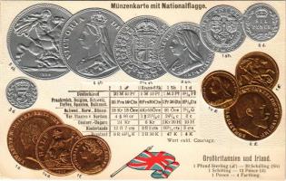 Grossbritanien und Irland. Münzenkarte mit Nationalflagge / Great Britain and Ireland - set of coins, currency exchange chart and flag. Emb. litho (lyukak / pinholes)