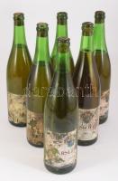 cca 1970-1980, 6 palack fehérbor a mátrai - egri borvidékről: 2 palack Debrői Hárslevelű, 2 palack Domoszlói Muskotály, 2 palack Gyöngyösi Tramini, sérült, foltos, piszkos, címkékkel, 0,7l