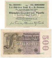 Német Birodalom / Weimari Köztársaság / Berlin, Bréma 1923. 500M + 100.000M "BEZAHLT 6.8.1923" lyukasztással T:F German Empire / Weimar Republic / Berlin, Bremen 1923. 500 Mark + 100.000 Mark with "BEZAHLT 6.8.1923" cancellation C:F
