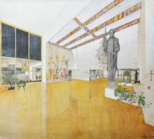 Tálos Gyula (1887-1975): Art deco enteriőr terve, ca. 1930. Akvarell, karton. jelzett. 35x36 cm