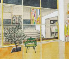 Tálos Gyula (1887-1975): Art deco enteriőr terve, ca. 1930. Akvarell, karton. jelzett. 35x36 cm