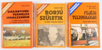 Mezőgazdasági Szakmunkáskönyvtár 3 kötete:  Kósa Lajos: Bárányhústermelés iparszerűen. Az ellető juhász, a bárány- és a hízójuh-gondozó könyve.;  Szenci Ottó Borjú születik. Az ellető tehenész könyve. (Sérült gerinccel és kötéssel.)  Tóth László - Bak János: Fejési technológia. A gép fejők könyve.  Bp., 1977-1980, Mezőgazdasági. Kiadói kartonált papírkötések, és kiadói papírkötés.
