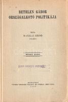 Makkai Ernő:  Bethlen Gábor országalkotó politikája. Budapest, 1929. "Pátria" Irodalmi Vállalat és Nyomdai Rt. 1 t. (hártyapapírral védett címkép) + 115 + [1] p. Makkai Ernő (1882-1923) történész, református lelkész, a kolozsvári Református Kollégium tanára, főként Erdély történetével foglalkozott. "Bethlen Gábor országalkotó politikája" című értekezése demográfiatörténeti bevezetés után a fejedelem kül- és belpolitikáját vizsgálja. Az 1914-ben készült értekezés, bár elsősorban a bethleni építőmunkát elemzi, számos meglepő adattal szolgál az erdélyi szászok és oláhok történetével kapcsolatban. Példányunk a mű második kiadásából való. Az első borítófedélen kereskedelmi bélyegzés. Fűzve, kiadói borítóban. Jó példány.