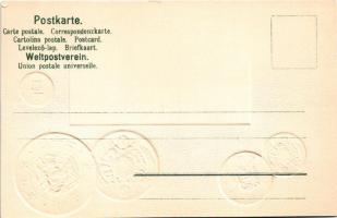 Japan. Postkarte mit Nationalflagge, Münzwesen / Japanese set of coins, currency exchange chart and ...