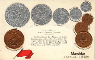 Marokko / Morocco - set of coins, currency exchange chart and flag. Emb. litho (lyukak / pinholes)