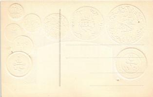 Marokko / Morocco - set of coins, currency exchange chart and flag. Emb. litho (lyukak / pinholes)