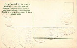 Nederland / Set of coins, currency exchange chart and flag of The Netherlands. H.S.M. Emb. litho (ly...