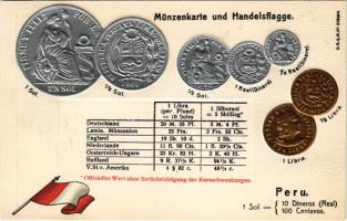 Peru. Münzenkarte und Handelsflagge / Peru - set of coins, currency exchange chart and flag. Emb. litho (lyukak / pinholes)