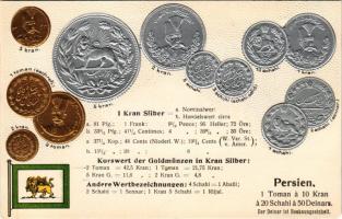 Persien / Set of coins, currency exchange chart and flag of Persia. Emb. litho (EM)