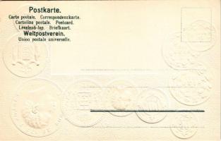 Le Portugal / Portuguese set of coins, currency exchange chart and flag. H.S.M. Emb. litho (lyuk / p...