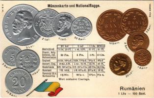 Rumänien. Münzenkarte und Nationalflagge / Romanian set of coins, currency exchange chart and flag. H.S.M. Emb. litho (lyukak / pinholes)