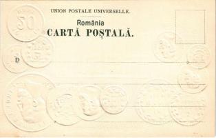 Rumänien. Münzenkarte und Nationalflagge / Romanian set of coins, currency exchange chart and flag. ...