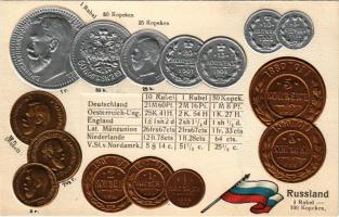 Russland / Oroszország - érmék és zászló. Dombornyomott / Russian coins and flag. Emb. litho (lyukak / pinholes)