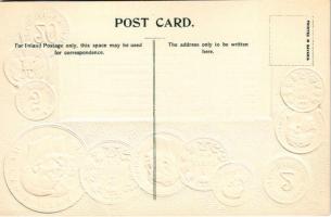 Serbien / Servia / Set of coins, currency exchange chart and flag of Serbia. H.S.M. Emb. litho (lyuk...