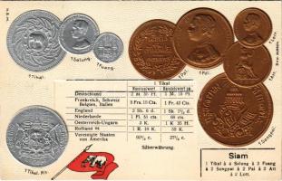 Siam / Set of coins, currency exchange chart and flag of Siam. H.S.M. Emb. litho (lyukak / pinholes)
