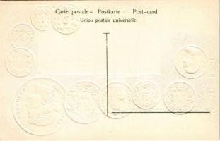 Schweiz. Münzenkarte und Nationalflagge / Swiss set of coins, currency exchange chart and flag. Emb....