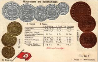 Tunis. Münzenkarte und Nationalflagge / Tunisian set of coins, currency exchange chart and flag. Emb. litho (lyuk / pinhole)